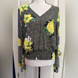 INC International Concepts Black Ribbed Long Sleeve Blouse